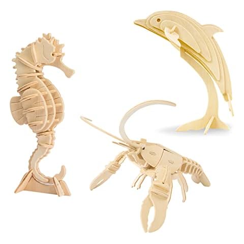 Georgie Porgy Kids Toys Construction Woodcraft Kits 3D Wooden Model Puzzle Kits Birthday Gifts Pack of 3 Jigsaw (Seahorse Lobster Dolphin) Cover