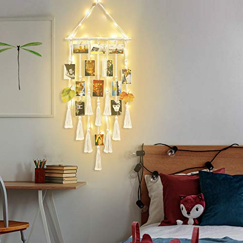 Homecor Hanging Photo Display Wall Decor, Macrame Wall Hanging Boho Room Bedroom Decor, Picture Frame Collage Board With Light 30 Clip thumb #2