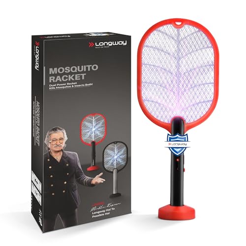 Image of Longway Swatt 2 in 1 UV Light Rechargeable Mosquito Killer Racket with Base Stand | 3500V DC Voltage on The Net Mesh | USB Type-C Charging | 1 Month Stand by 1200mah Long Lasting Battery (Black)