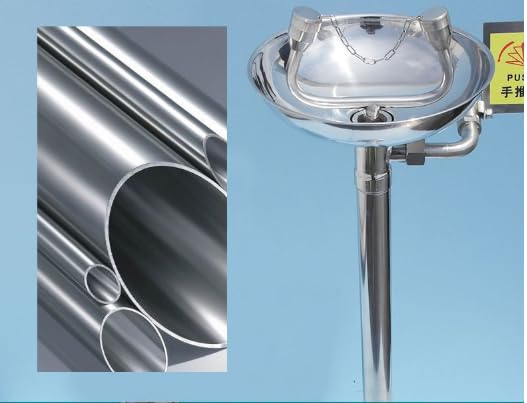 Eye Wash Station, Pedestal Mounted Eyewash Station Stainless Steel Eye Washing Station Adjustable Water Flow Hands Free Operation Eye Wash Units with Dual Spray Heads