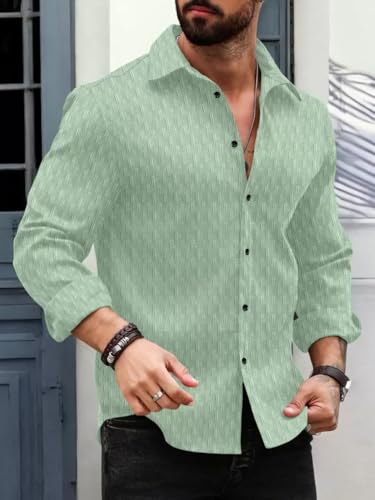 Image of DEELMO Men's Regular Fit Button Down Dress Shirts Textured Long Sleeve Casual Hawaiian Shirt