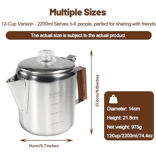 Image of 12 Cup Percolator 304 Stainless Steel Coffee Pot Coffee Maker Coffee Machine with Solid Wood Handle Transparent Knob Stovetop Greca Mocha for Induction Home and Camping 2200ml 74.4oz