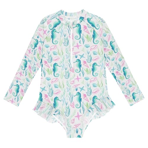 Cute Seahorse Girls Long Sleeve Rashguard Swimsuit UV Protection One-Piece Swimwear Bathing Suit B0404645