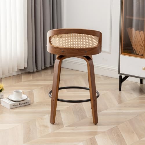 Image of 30 inch Swivel Rattan Bar Stools Set of 2,Mid-Century Modern Faux Leather Upholstered Bar Height Stools,Kitchen Island Barstool with Rattan Low Backrest,Walnut Wood Finish Bar Chairs,Beige PU