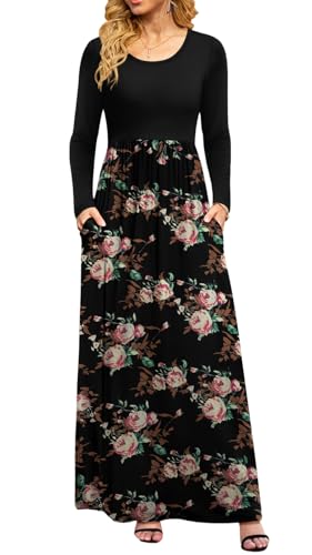 DB MOON Lässiges Maxikleid für Damen, lange Ärmel, Empire-Taille, langes Kleid mit Taschen, Blume Rose Schwarz, Klein