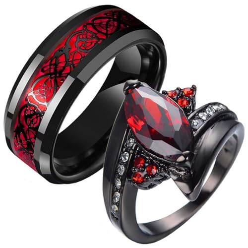 Meilord Black Ruby Matching Lover Couple Rings Set for Her and Him Red Celtic Dragon Engagement Promise Anniversary Bridal Rings Sets for Wedding Bands,Female Size 5-11,Male Size 6-12