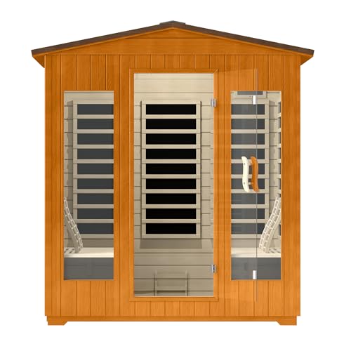 RESTISLAND Outdoor Sauna 4 Person, Far Infrared Sauna for Home Low EMF, Wooden Spa Dry Saunas Room with Infrared Lighting and Integrated Speakers, 7 Colors Chromotherapy for Indoor and Gym