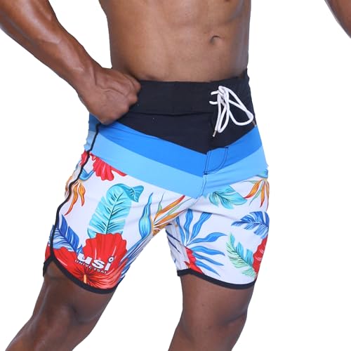 Image of USI Universal 411PA Aloha Physique Board Shorts, Polyester Fitness Shorts, Hook & Loop Fly, Drawstring Closure, Tailored Fit for Thin Waist & Muscular Thighs (in, Alpha, L, White /Red /Blue)