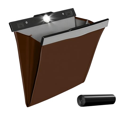 車 ゴミ箱 多車種対応フック マグネット式 大容量 車用ゴミ箱 センサー付きLEDライト ワンタッチ取り付け フック引っ掛け式 スリム 収納 小物入れ 袋付き カー用品 後部座席 PUレザー 収納にも使える ゴミ袋付き (茶色)