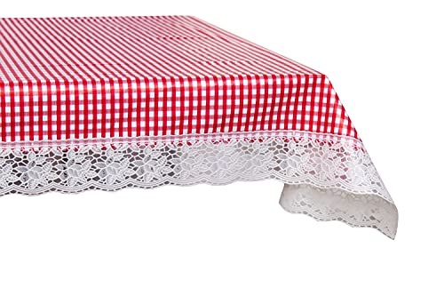 Image of The Furnishing Tree Waterproof PVC Rectangle Shaped 2 Seater Table Cover WxL 45x70 inches Pin Check Pattern Pink with White Border lace