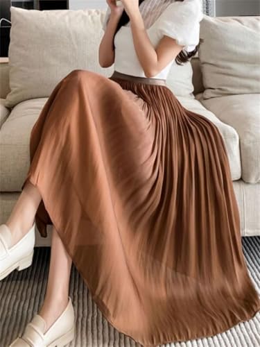 Women's Solid Satin A Line Midi Skirt with Elastic Waist Summer Casual Loose Fit Pleated Skirt4