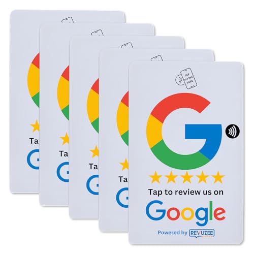 Revuzee Google Review Tap Card (5 Pack) with QR Code | NFC and Custom QR Code Sign for Business | Includes Analytics and Customizable Landing Page | Same Size as a Standard Credit Card | White