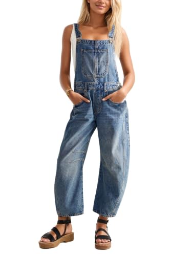 Women's Denim Bib Overalls, Barrel Leg Jean Jumpsuit with Adjustable Straps