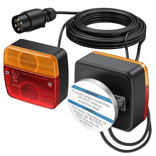 Justech Feu Arrière de Remorque 2pcs Câble de Feux Remorque Base Magnétique Ampoules de Feu Arrière E-marqué 13 avec 7.5m Câble 7 Pin Connecteur Feux de Frein Arrière pour Remorque Camion Van Caravane
