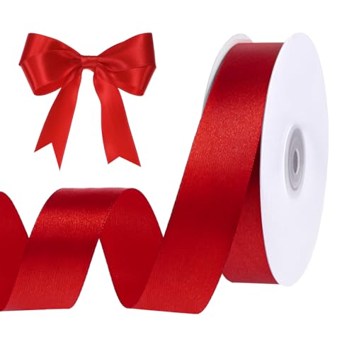 Image of woric Red Satin Ribbon 1 Inch 50 Yards Red Bows | Ideal for Floral Wreaths Hair Bows Crafts Gift Wrapping Wedding Outdoor Patio Decor DIY Projects