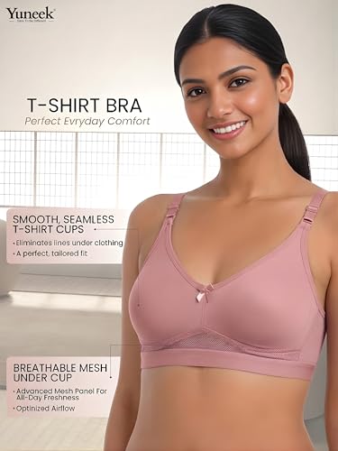 Image of Yuneek Women's Full Coverage Everyday Bra | Non-Padded Non-Wired | Seamless T-Shirt Bra for Women | Soft Cotton Blend | Adjustable Straps | Comfortable