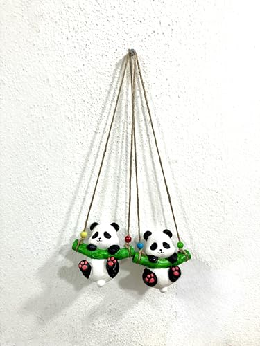 Balkon Süsü Dekoratif Panda Sarkıt Süs, Bahçe ve Balkon Dekorasyonu, 2'li Set, Yeşil Bambu Detaylı