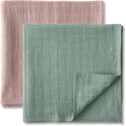 Image of MOZAH Organic Muslin Swaddle Blankets - 100% Soft Organic Cotton - Baby Girl & Boy Swaddle Blankets - Ideal Baby Registry Items Unisex Essentials (Dusty Rose & Sage)