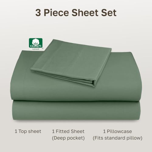 Image of California Design Den XL Twin Sheets Set - Natural 100% Cotton Sheets with 12 inch Pockets, Soft Sateen Weave, Breathable and Durable Bedding Set for Dorm Rooms, College Pine Green