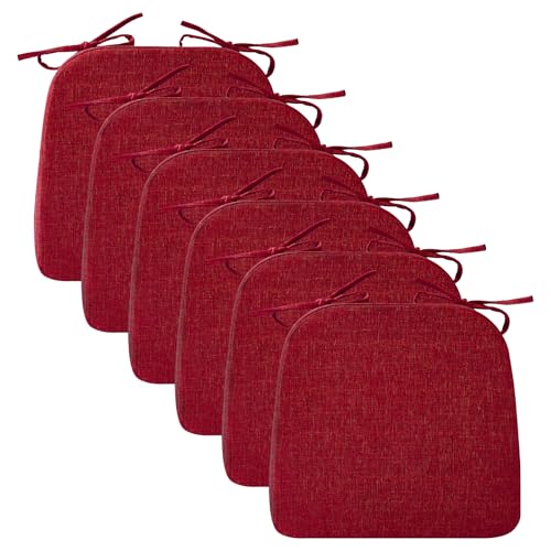 Ruqmuis Chair Cushions for Dining Chairs, 2" Thick Seat Cushions for Kitchen Chairs, D-Shaped Chair Pads with Washable Cover, Ties and Non Slip Backing, 17'' x 16'', Set of 6, Red