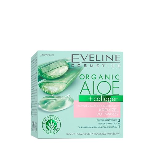 Eveline Cosmetics Organic Aloe+Collagen Feuchtigkeitsberuhigende Gesichts-Gel-Creme - Tiefenfeuchtigkeit & Komfort mit ALOE HYDRA DEEP SYSTEM - Vegan, Natürliche Inhaltsstoffe