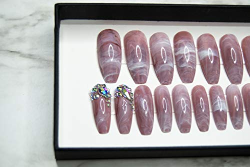 Impressed Luxury Press on Nails 24 pcs Long Fake Coffin Nail Tips Pink Marble Rhinestone Design False Nails with Adhesive Nail Glue Tabs (Pink Marble)