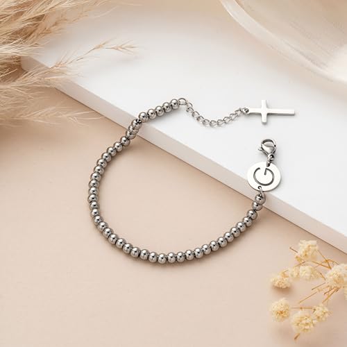 Image of Initial Cross Silvery Bracelets for Women Trendy, Initials Cross Charm Beaded Bracelet, Christian Gifts for Women, Baptism Confirmation Christmas Inspirational Gifts for Mom Daughter Friend Sister