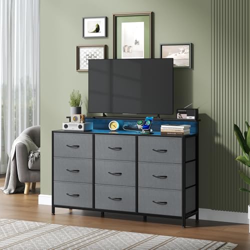 Image of NEWBULIG Wooden Top Media Console for 32-52 inch Dresser TV Stand with 9 Fabric Drawers & Open Shelves, Entertainment Center with LED Lights & Charging Station for Bedroom, Grey