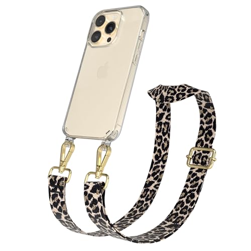 EAZY CASE Handykette - Verstellbares Taschenband kompatibel mit iPhone 14 Pro Schulterriemen Handykordel mit Silikon Hülle Umhängetasche Leo - Schwarz Beige Gold