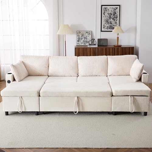 Image of ERYE 113-Inch Pull Out Sleeper Couch Bed with Cupholders, U Shaped Sleeper Sectional Sofa Convertible Sofa Bed for Living Room