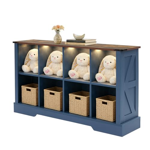 Hanamako 8 Cube Storage Organizer with LED Lights, Wooden Cube Bookcase with Back Panel, Blue Cube Shelf Freestanding Bookshelf, Hallway TV Stand for Living Room, Bedroom, Office