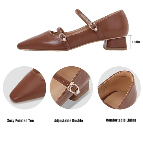 Women's Patent Leather Low Block Heel Mary Jane Dress Shoes Fashion Pearl Adjustable Ankle Buckle Pointed Closed Toe Mid Chunky Heel Pumps for Wedding Bride Work3