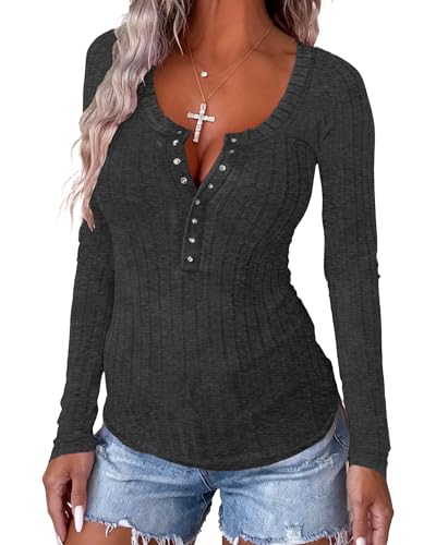 Image of APOFER Women's Long Sleeve Tunics Lightweight Ribbed Knit Blouse Scoop Neck Tops Snap Button Slim Fit Casual Henley Shirt