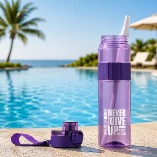 Image of Sports Water Bottle with Straw & Carry Strap | Leakproof BPA-Free Gym Bottle | Flip Lock Lid | MOTIVATIONAL NEVER GIVE UP BOTTLE | Office, School, Gym & Travel (Purple)