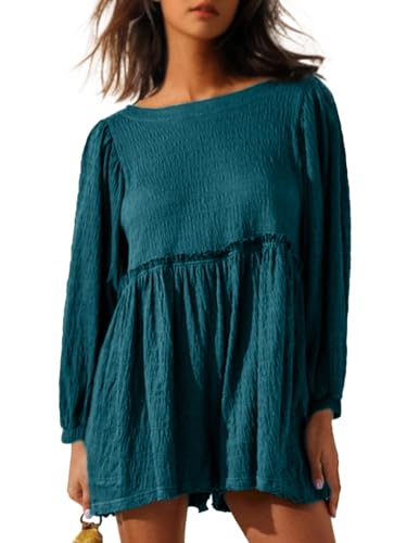 Glamaker Women's Summer Long Sleeve Tshirt Rompers Loose Button Down Jumpsuits Shorts s Vacation Outfit 2025(Emerald Green,Large)