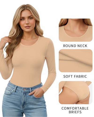 Image of Mangopop Women' Long Sleeve Ribbed Bodysuit Jumpsuits