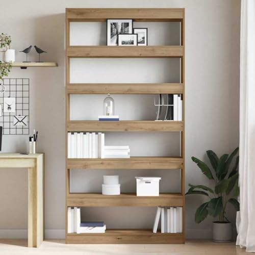 Estantería de roble macizo moderna con 6 compartimentos robustos para organizar el salón 5