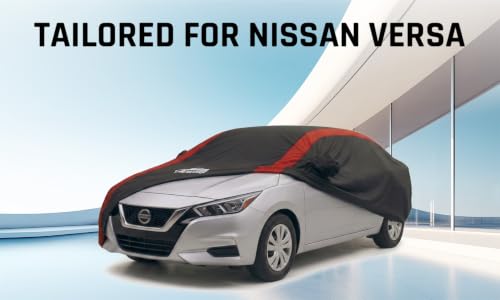 Image of Car Cover Custom Fit for Nissan Versa 2007-2026 | Red Strip Design, Driver Door Zipper, Windproof Strip, Oxford Cloth, Storage Bag