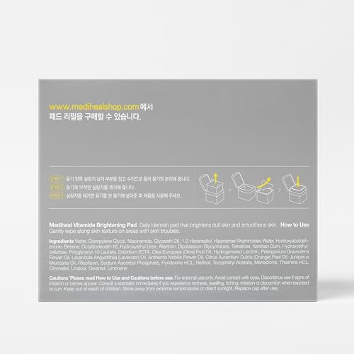 Image of MEDIHEAL Toner Pads [Vitamide] - Radiance Boosting Pad for Clear, Illuminating Skin - Contains Niacinamide & Sea Buckthorn - Blemish Care, Skin Toning - Vegan Stretchable Fabric Pads (100 Count)