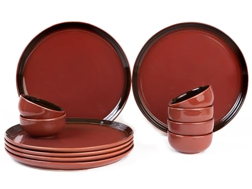 Bodhi House Handcrafted Porcelain Dinner Set, 12 Pieces, Deep Red
