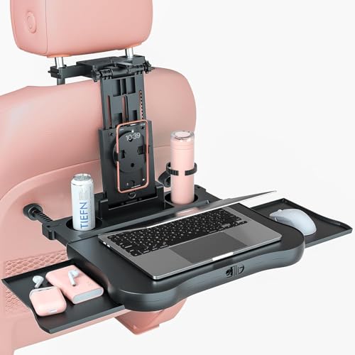 Image of Oshotto (FT-10) Multifunctional Car Backseat Laptop and Food Tray Desk with Phone Holder, Cup Holder & Storage Drawers - Adjustable Foldable Car Table for Work, Travel & Dining