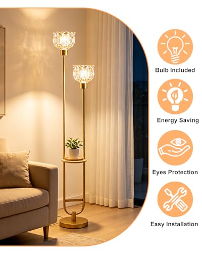 Image of Lightdot 2-Lights Modern Glass Floor Lamp with Table Gold Standing Tall Lamps with Amber Glass Shade, Flower Floor Lamp with Foot Switch for Living Room Bedroom Home Decor (Bulbs Included)
