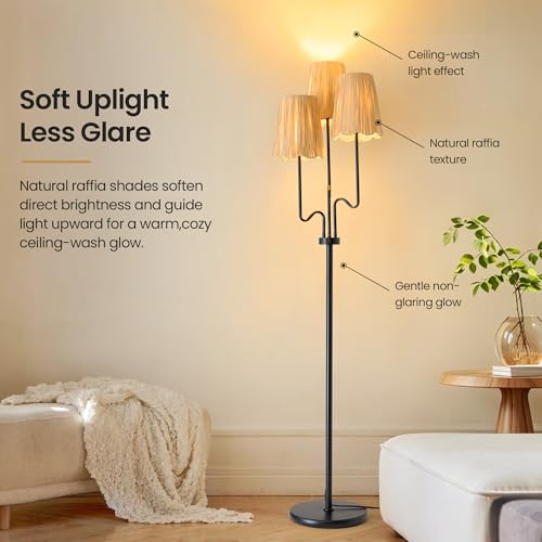 Image of Raffia Floor Lamp, 68in. Dimmable Boho Floor Lamps with Natural Raffia Shade, 3-Light Standing Lamp with Weighted Base, Soft Uplight for Living Room, Bedroom, Reading Corner (Dimmable-Raffia Shade)