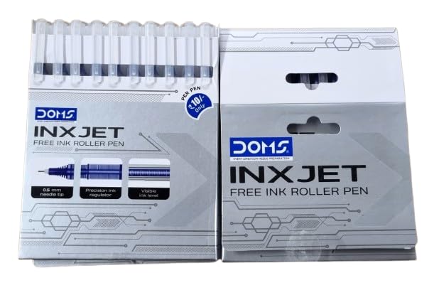 Doms INXJET Roller Pen| 0.5mm Needle Tip, Precision Ink Regulator, Visible Level| Comfortable Grip For Long & Smooth Writing| Pocket Clip| Ink Colour- Blue| Pack of 10