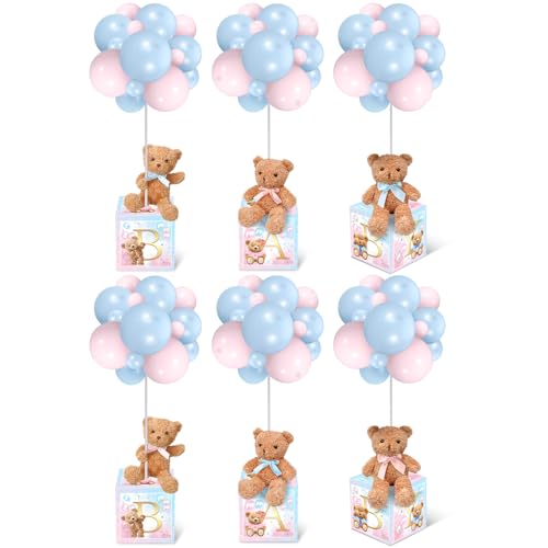 Image of Lenwen 6 Sets Baby Letter Boxes Decorations Table Centerpieces for Baby Shower Gender Reveal,Bear Stuffed Animals Balloon with Stand Plush Toy Boxes for Birthday Party Wedding(Bear,Pink Blue)