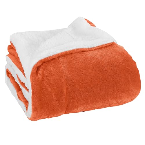 Elegant Comfort Luxury Ultra-Plush Velvet Touch Fleece Throw Soft, Warm, Cozy| Micromink Sherpa-Backing Reversible Blanket for Bed, Sofa and Couch, Solid Orange