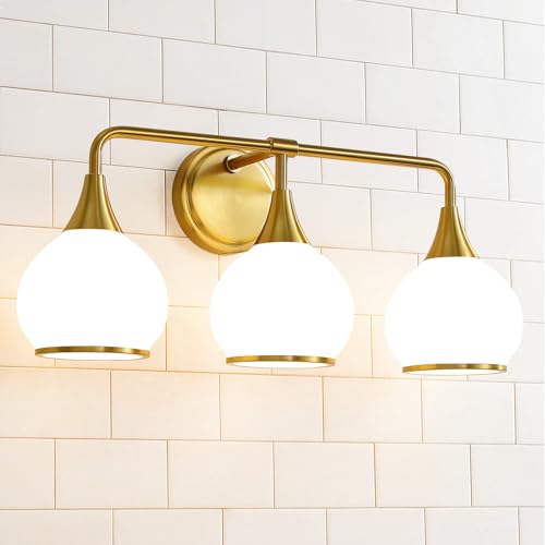 HAHZT Brushed Gold Bathroom Light Fixtures 3-Lights Vanity Lights with Milky White Frosted Glass Shade Bathroom Vanity Light 22.4 inch Wall Sconce Lighting Bath(Exclude E26 Bulb)