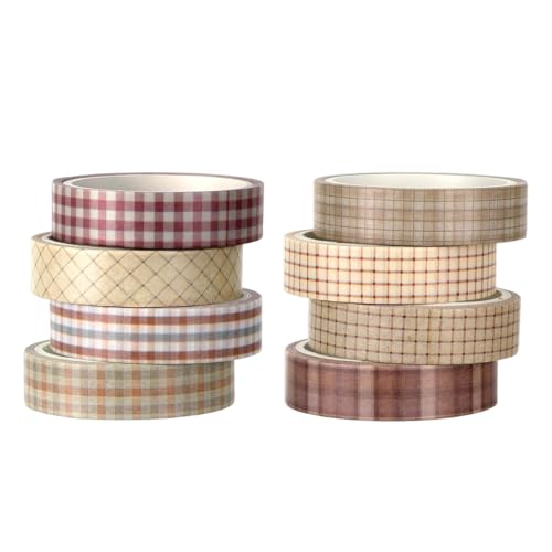 Image of HASTHIP 8 Pcs Plaid Washi Tape Set, Vintage Gingham Decorative Masking Tape for Journaling, Scrapbooks, Planners, Gift Wrapping & DIY Craft Projects, 1cm x 3 Meters Per Roll