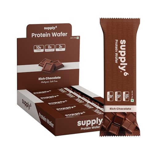 Image of SUPPLY6 Protein Wafer Bars | Pack of 10 | Multigrain Crunchy Wafer | Vegetarian | 10g Protein | 3g Fiber | No Added Sugar | 400 G (Chocolate)