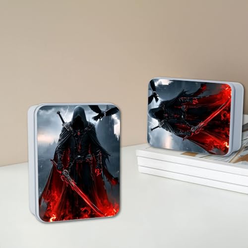 Image of Metal Tin Box with Lid,Multi-functional Storage Box Can Store Tea Biscuits Game Cards, Playing & Tarot Cards-Comes with 4 Magnetic Cord Clips,Dark Warrior with Red Sword